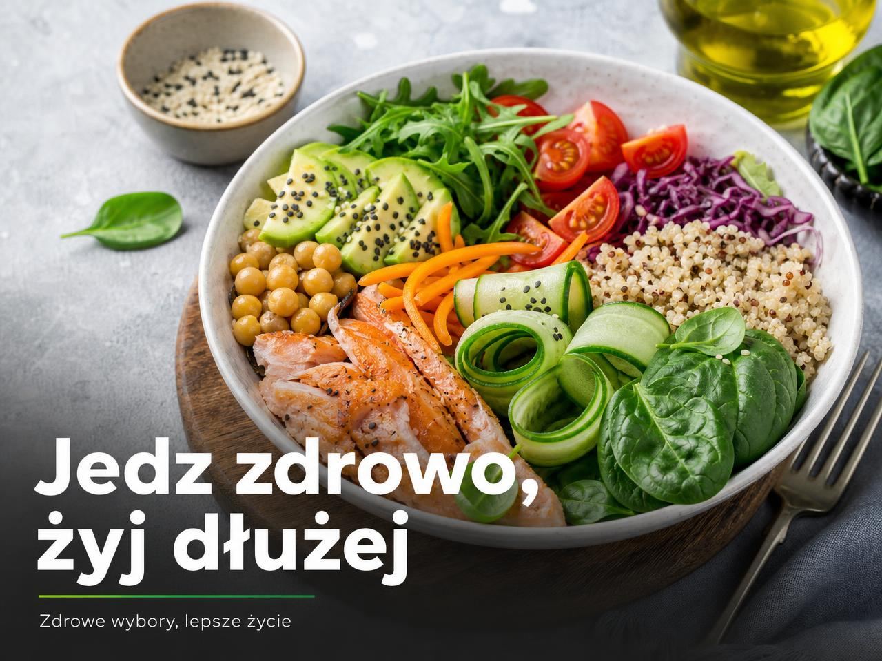 Jedz zdrowo, żyj dłużej — miska z łososiem, quinoa, awokado i warzywami