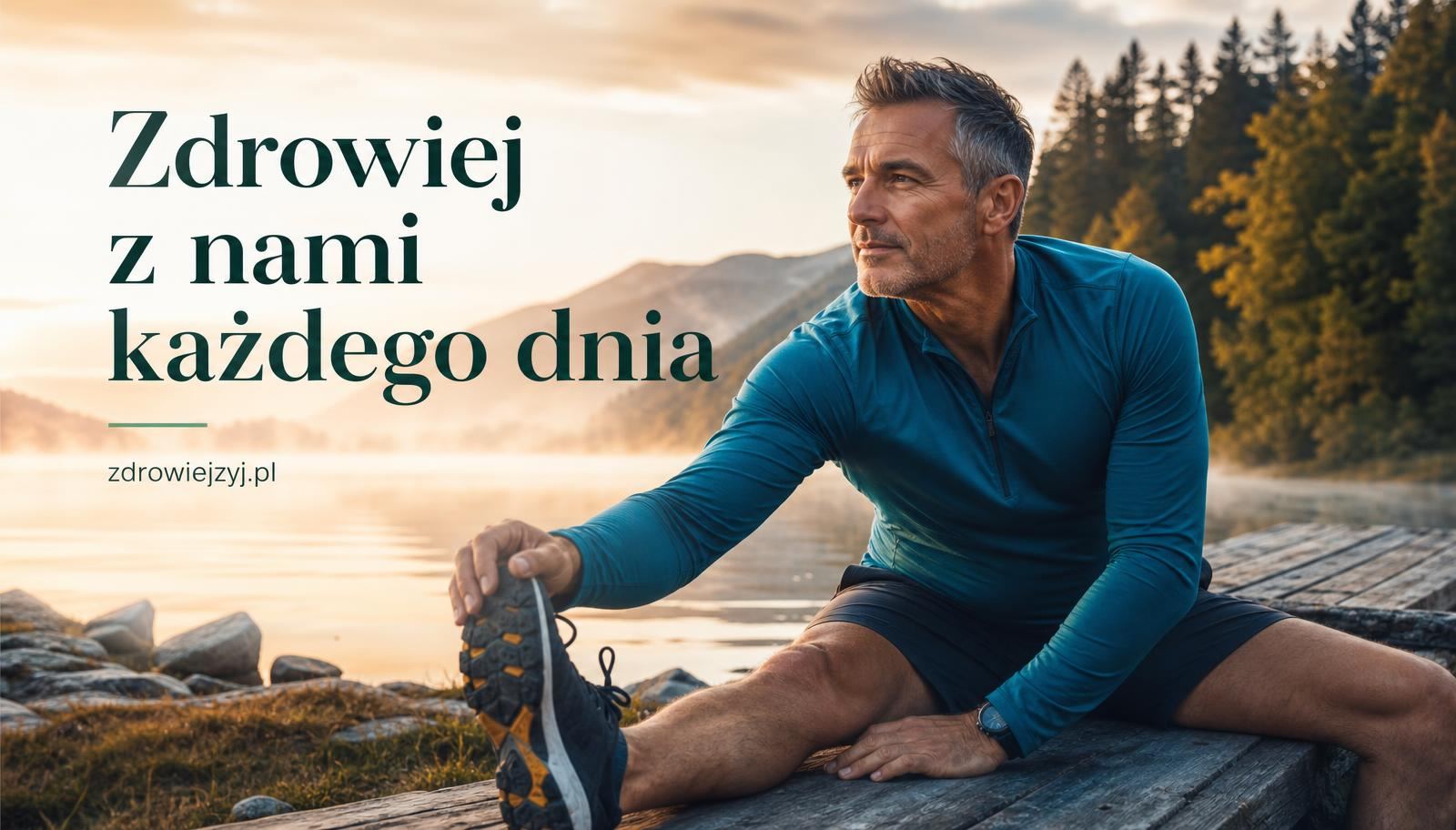 Zdrowiej z nami każdego dnia — rozciąganie nad jeziorem o świcie