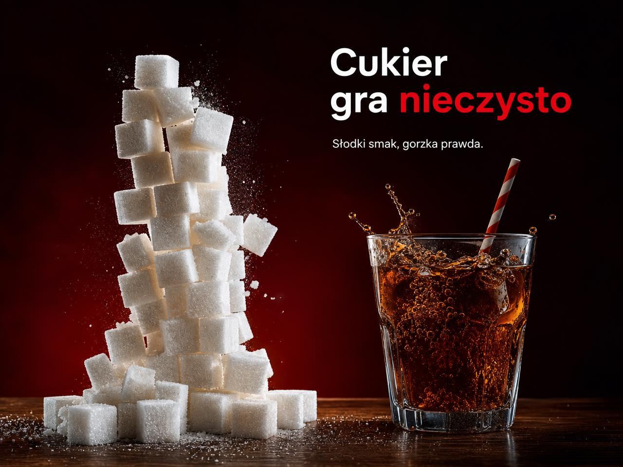 Cukier gra nieczysto — wieża cukru i szklanka coli