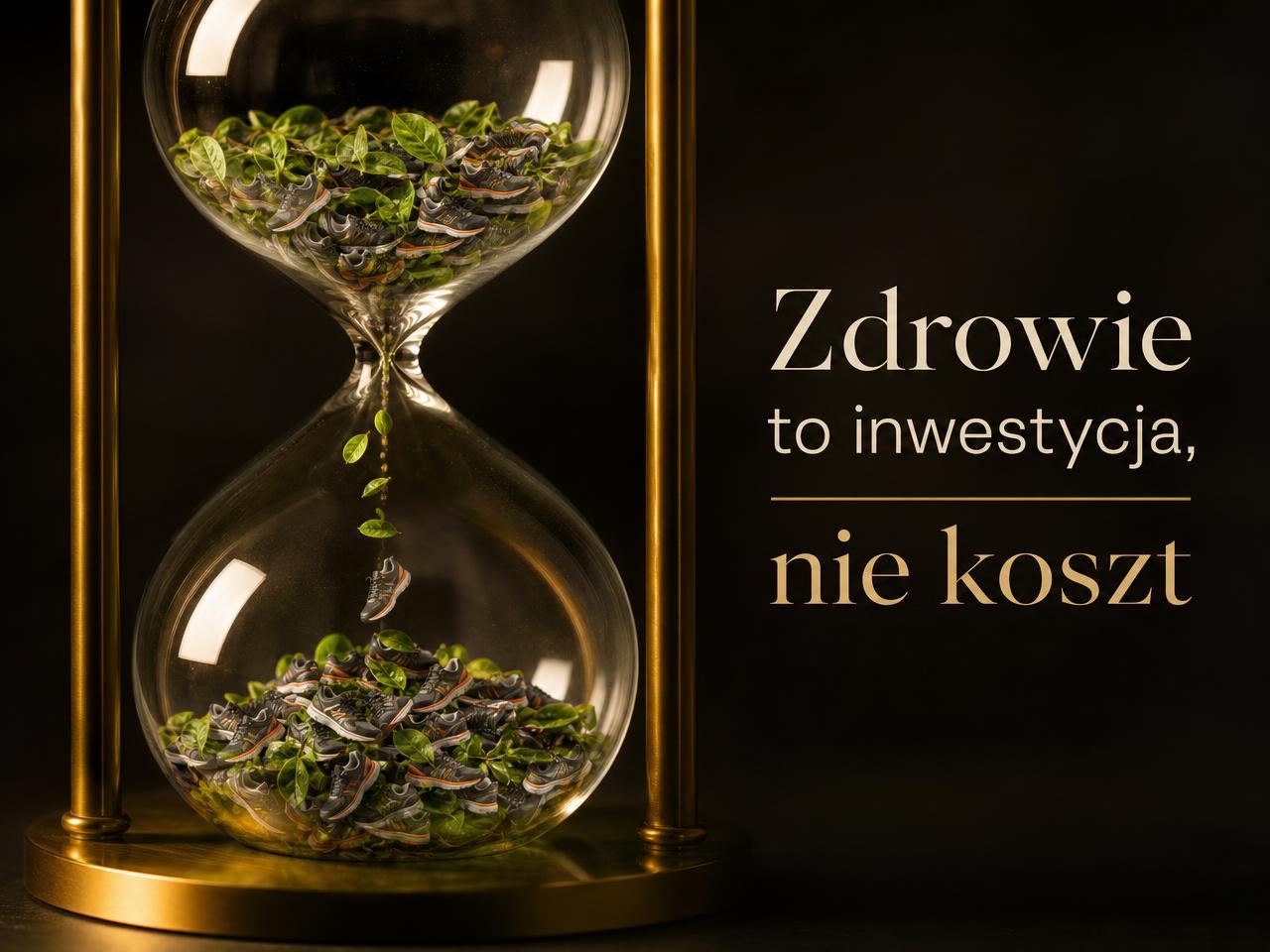 Zdrowie to inwestycja, nie koszt — klepsydra z liśćmi i butami